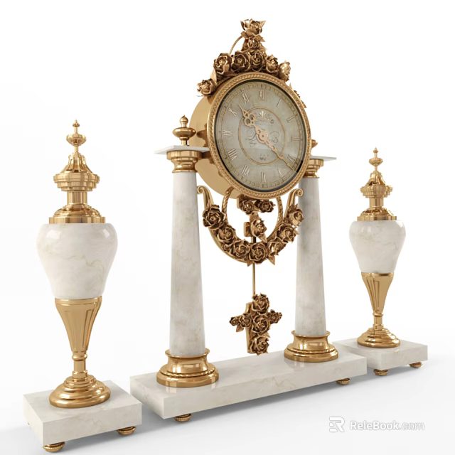 Elegant Vintage Clock With Classic Design Golden Decorations Marble Columns And Ornate Bases 3d model 