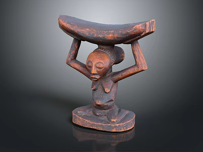 Decorative Pillow Featuring Wooden Sculpture Design Seated Figure Holding Banana Shaped Object 3d model