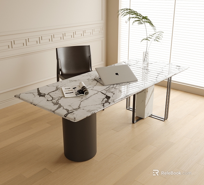 Modern Marble Top Desk Interior With Laptop Documents Transparent Vase Plant Black Chair Light Wall Blinds 3d model 