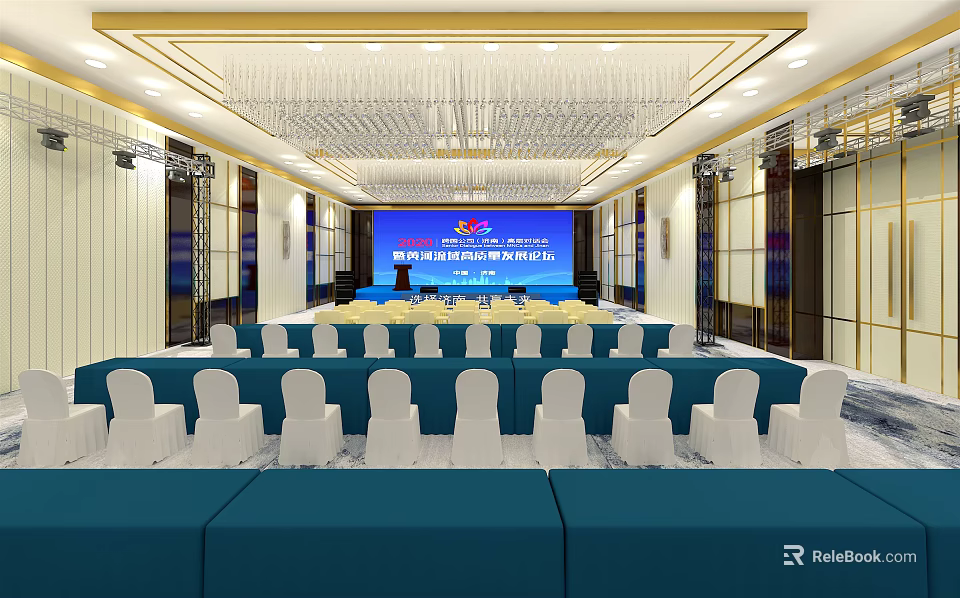 Elegant Conference Room Interior With Blue Screen Podium White Chairs And Chandelier 3d model 