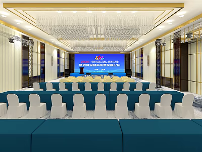 Elegant Conference Room Interior With Blue Screen Podium White Chairs And Chandelier 3d model