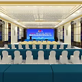 Elegant Conference Room Interior With Blue Screen Podium White Chairs And Chandelier