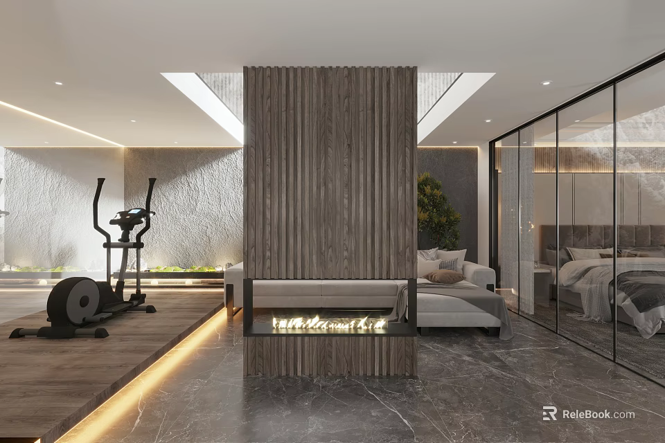 Elegant Modern Bedroom Interior With Comfortable Bed Green Plants And Warm Lighting 3d model 