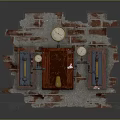 Industrial Style Wall Furniture With Brick Background Wooden Panels Pressure Gauges Pipes And Yellow Lights