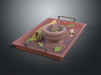 Traditional Home Kitchen Wooden Tray with Mortar Pestle Spices Leaves and Cloth Bag 3d model