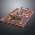 Traditional Home Kitchen Wooden Tray with Mortar Pestle Spices Leaves and Cloth Bag