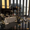 Black Gold Photo Check In Spot With Geometric Decorations Dessert Table And City Skyline