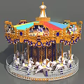 Carousel Amusement Ride With Colorful Canopy Yellow Blue Decorations White Horses And Round Enclosure