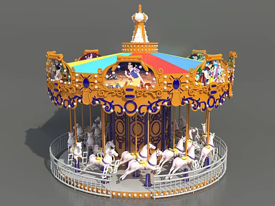 Carousel Amusement Ride With Colorful Canopy Yellow Blue Decorations White Horses And Round Enclosure 3d model