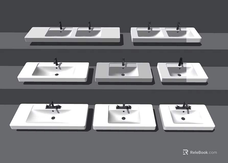 Different Styles Of Ceramic Washbasins With Modern Faucets Arranged On Shelves 3d model 