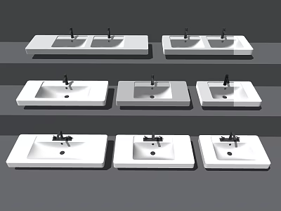 Different Styles Of Ceramic Washbasins With Modern Faucets Arranged On Shelves 3d model