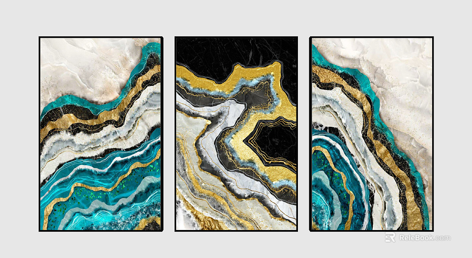 Contemporary Abstract Painting With Gold Teal White Black Wavy Marble Like Fluid Patterns 3d model 