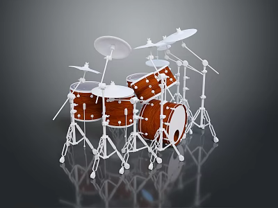 Professional Wooden Drum Set With White Cymbals And Stands For Music Performance 3d model