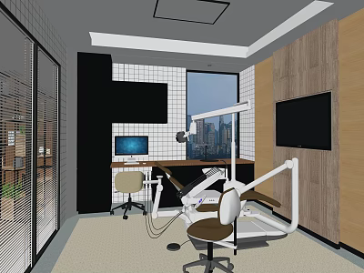 Modern Dentist Treatment Room Featuring Treatment Chair Computer TV Wooden Walls And Black White Tiles 3d model