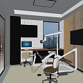 Modern Dentist Treatment Room Featuring Treatment Chair Computer TV Wooden Walls And Black White Tiles