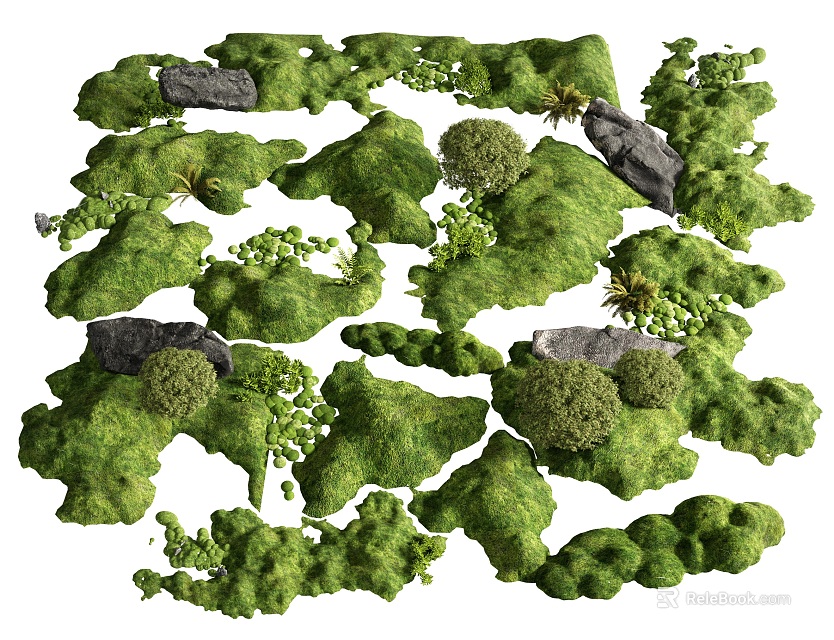 Natural Garden Elements Collection With Lush Moss Stones And Small Plants 3d model 