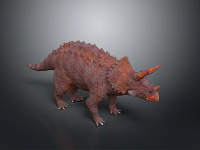 Reddish Brown Triceratops 3D Model with Spiked Back and Orange Horns on Dark Background 3d model