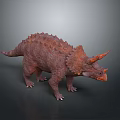 Reddish Brown Triceratops 3D Model with Spiked Back and Orange Horns on Dark Background