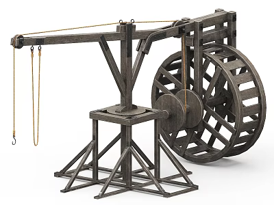 Ancient Industrial Equipment Featuring Large Wheel Lever Arm Metal Stand And Hanging Chains 3d model
