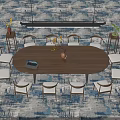 Elegant Oval Wooden Table With White Chairs Laptop And Vase On Blue Gray Patterned Carpet
