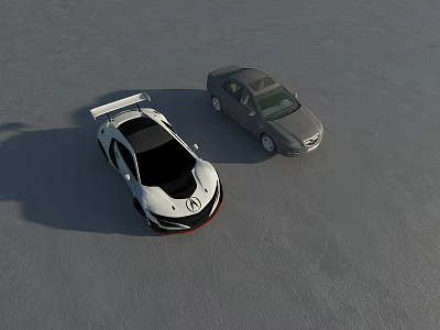 White Sports Car With Rear Spoiler And Gray Sedan On Concrete Surface 3d model
