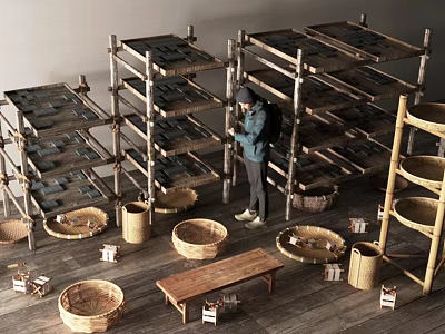 Wooden Shelving Units with Woven Baskets and a Person Organizing Items in Rustic Storage Space 3d model