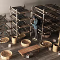 Wooden Shelving Units with Woven Baskets and a Person Organizing Items in Rustic Storage Space