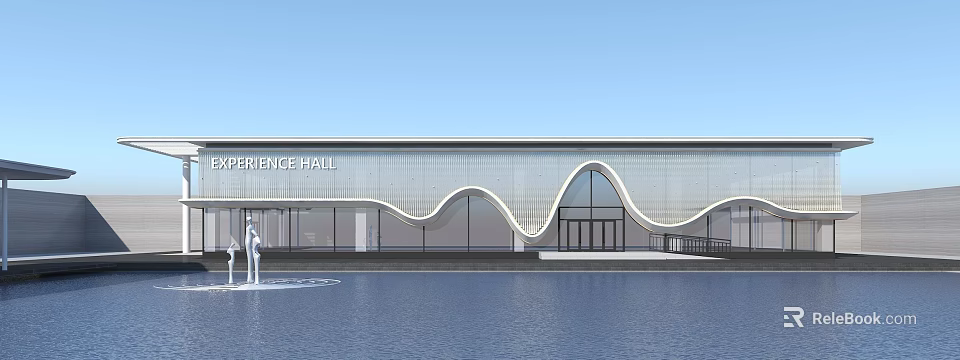 Modern Sales Office Building With Wavy Facade Front Water Pool And White Sculpture 3d model 