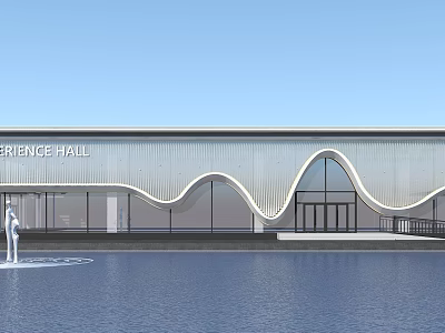 Modern Sales Office Building With Wavy Facade Front Water Pool And White Sculpture 3d model