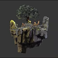Cartoon Scene of Floating Rock Platform With Green Trees Small House Animals and Path