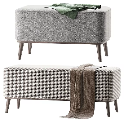 Modern Grey And Houndstooth Sofa Bench With Wooden Legs And Brown Blanket Design 3d model