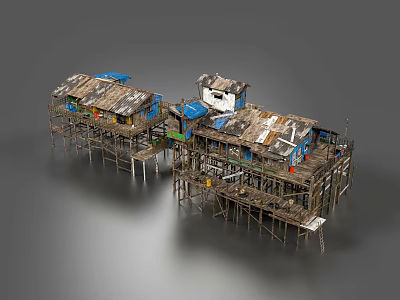 Weathered Stilt Houses With Wooden Structures Blue White Roofs And Connected Buildings 3d model