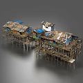 Weathered Stilt Houses With Wooden Structures Blue White Roofs And Connected Buildings