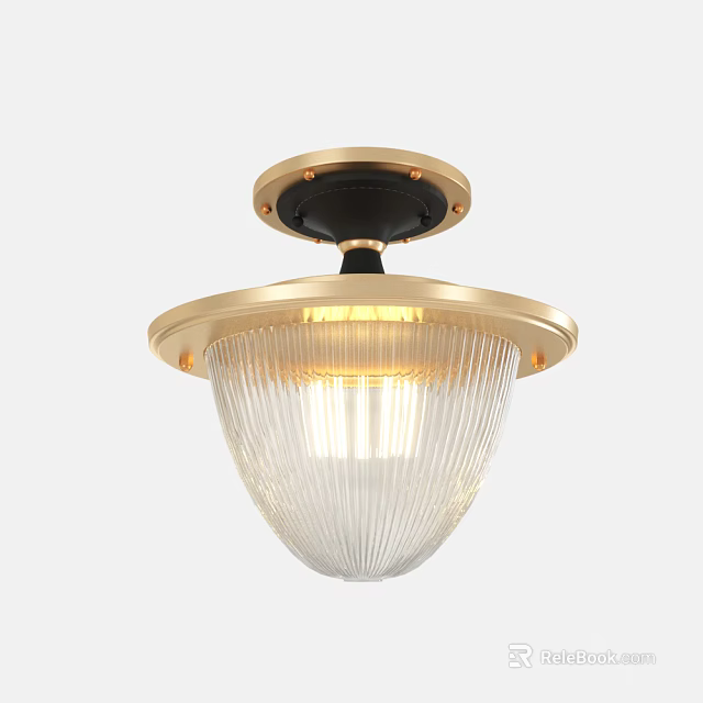 Elegant Gold Frame Ceiling Light With Transparent Ribbed Glass Shade Illuminated 3d model 