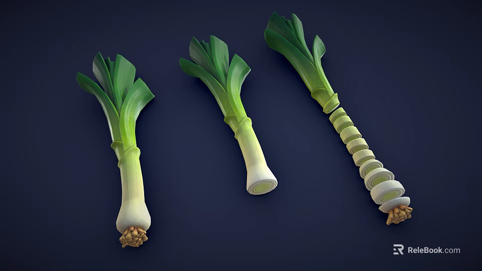 Fresh Leeks With Green Leaves White Stalks And Sliced Sections On Dark Background 3d model 