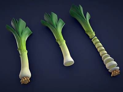 Fresh Leeks With Green Leaves White Stalks And Sliced Sections On Dark Background 3d model