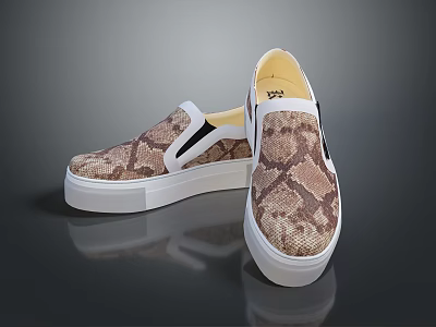 Snake Print Slip On Shoes With White Thick Sole And Black White Trim Casual Style 3d model