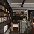 Modern Open Plan Living And Dining Room Interior With Full Wall Bookcase And Large Windows