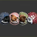 Cute Fox Doll Characters Wearing Colorful Dresses With Various Patterns Standing Together On Reflective Surface