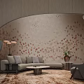 Modern Hotel Public Lounge Area With Curved Floral Wall Sofa Set And Coffee Table