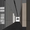 Modern Office Corridor With Wooden Panel Walls Glass Partitions Ceiling Lighting And Polished Floor