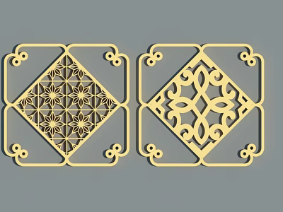 Ornate Golden Carved Decorative Panels With Symmetric Square Intricate Hollow Patterns 3d model