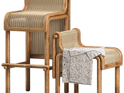 Natural Wooden Frame Bar Stools With Rattan Weave For Modern Home Interior 3d model