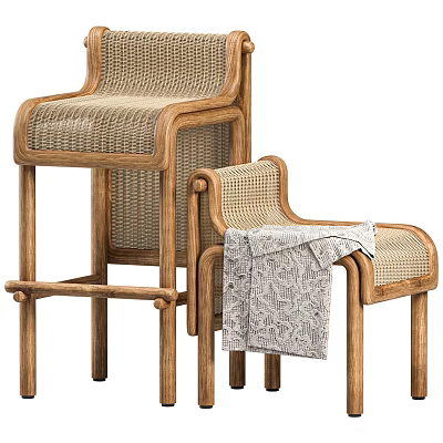 Natural Wooden Frame Bar Stools With Rattan Weave For Modern Home Interior 3d model