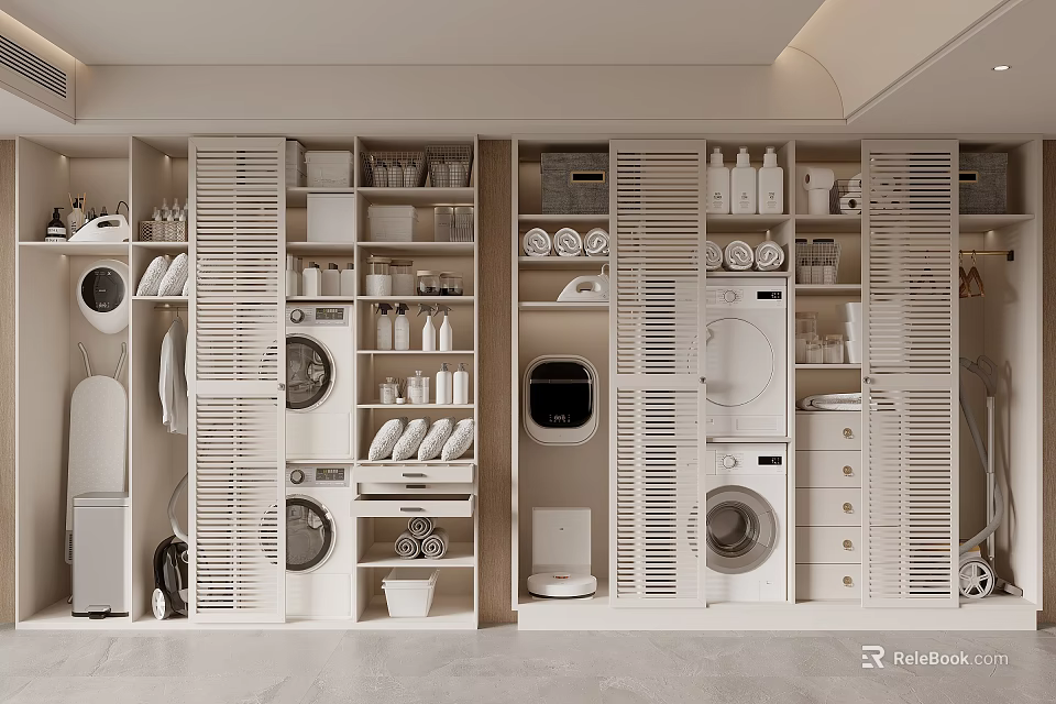 Modern Laundry Room Interior With Multiple Washing Machines And Built In Storage Shelves 3d model 