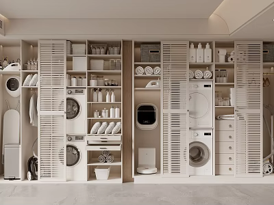 Modern Laundry Room Interior With Multiple Washing Machines And Built In Storage Shelves 3d model