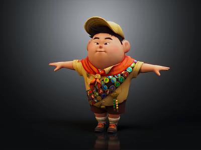 Cute 3D Scout Boy Character with Yellow Cap Orange Scarf Badges Arms Outstretched 3d model