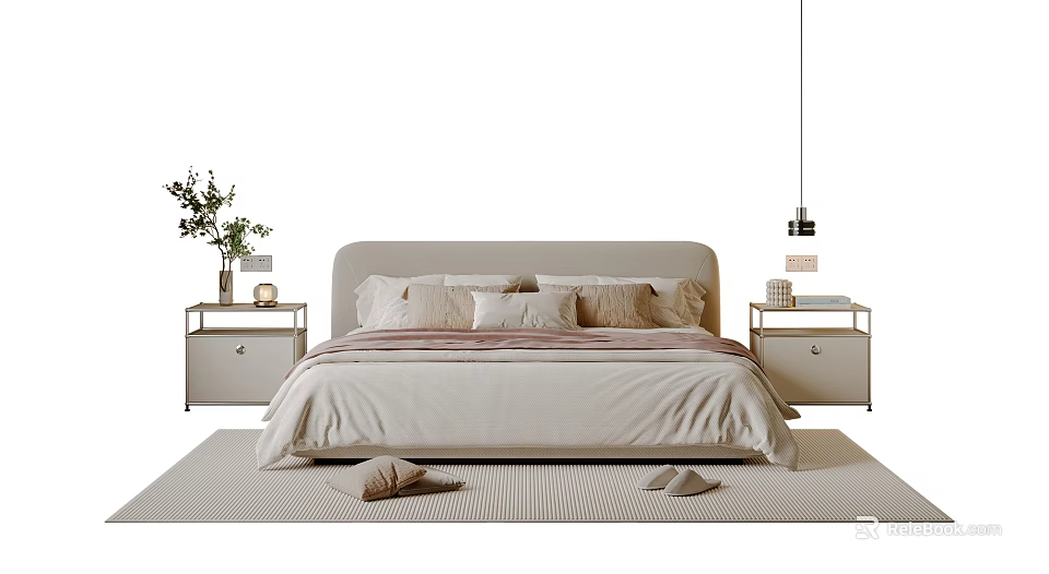 Double Bed With Beige Bedding Curved Headboard Modern Nightstands Green Plant Table Lamp And Rug 3d model 