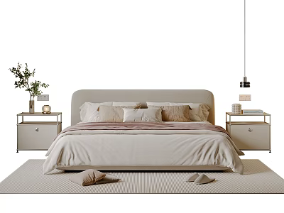 Double Bed With Beige Bedding Curved Headboard Modern Nightstands Green Plant Table Lamp And Rug 3d model