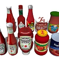 Assorted Red Condiment Bottles With Ketchup Tomato Sauce And Cans For Kitchen 3d model